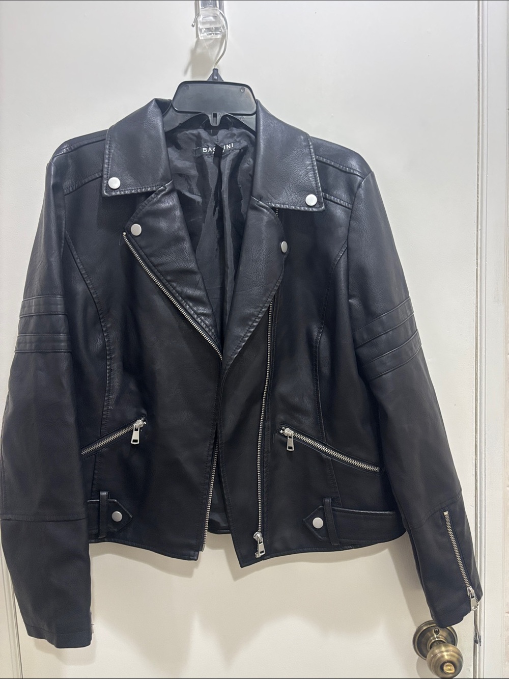 Baccini Black Faux Leather Moto Jacket with Silver Hardware